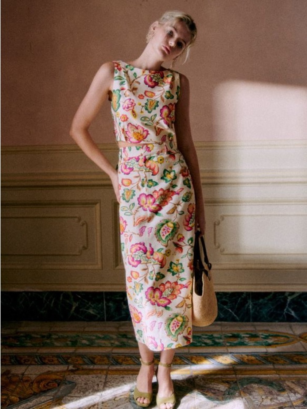 Sezane Floral Norma Skirt in Cream, Pink and Green (Aria Print) - Picture 1 of 4